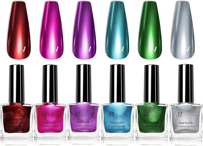 6 Colors Metallic Nail Polish Set, Chrome Holographic Silver Red Nail Polish Quick Dry Nail Varnish Blue Green Purple Metal Chrome Nail Art Varnish Manicure DIY Nail Art Home For Women