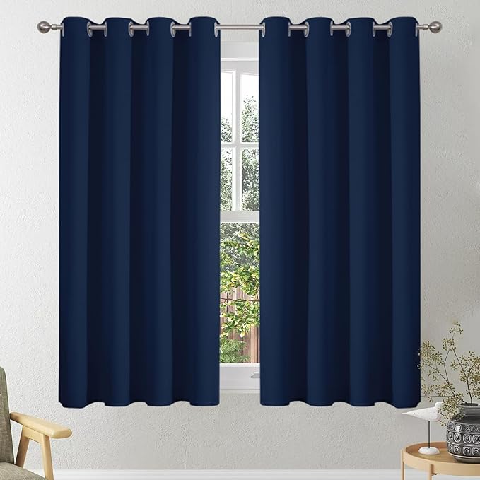 Blackout Curtains 54 Inch Drop, Eyelet Thermal Insulated Short Curtain for Bedroom, Soft Small Living Room Window Curtains & Drapes, W46 x L54 Inch, Navy Blue, 2 Panels
