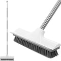Newthinking Floor Scrubbing Brush with Long Handle, Heavy Duty Stiff Bristle Floor Brush with Squeegee for Cleaning Bathroom Deck Tile Patio, White