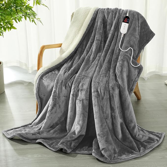 Heated Blanket 130 x 180 cm – Flannel Electric Blanket 6 Heat Settings & 10-Hour Auto-Off Timer, Overheat Protection, Machine Washable, Grey