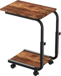 Side Table Height Adjustable End/Bedside Table with 4 Wheels for Sofa Bedroom Living Room Office, Coffee Tables for Small Spaces, Stable, Heavy Duty Iron, Rustic Brown