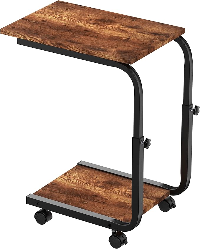 Side Table Height Adjustable End/Bedside Table with 4 Wheels for Sofa Bedroom Living Room Office, Coffee Tables for Small Spaces, Stable, Heavy Duty Iron, Rustic Brown