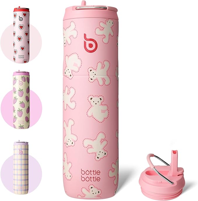 Bottle Bottle Insulated Water Bottle 24oz with Straw Lid and Handle for Sports Travel Gym Stainless Steel Water Bottles Double-Wall Vacuum Metal Leak Proof BPA-Free (Bear Cookies)