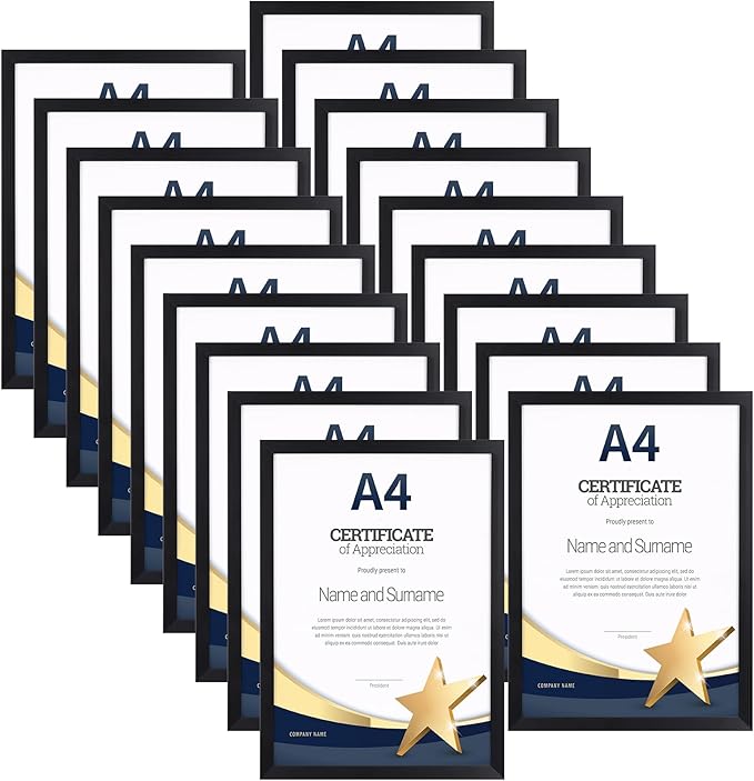 EYMPEU 18-Pack Black A4 Frames, Slim A4 Picture Frame for Displaying Certificates, Posters, Artwork on a Wall or Desktop, Elegant Design
