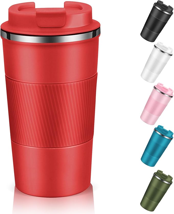 EALLEN Travel Mug with Leakproof Lid,Insulated Reusable Coffee Mug for Hot&Cold Drinks/Tea,Portable Stainless Steel Thermal Takeaway Travel Coffee Cup for Car/Outdoor/Picnic/Office/School (510ml Red)