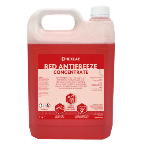 Hexeal Red Antifreeze & Coolant 5L -37C, OAT, 2-Year Long-Life, NAP-Free, Corrosion & Overheating Protection