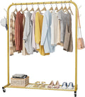 Clothes Rail, Portable Clothes Rack with Hook and Metal Storage Shelf, Heavy Duty Clothes Rail on Wheels, Clothing Rail Clothes Rails for Bedroom, Hanging Rails for Clothes, Holds up to 40 kg, Golden
