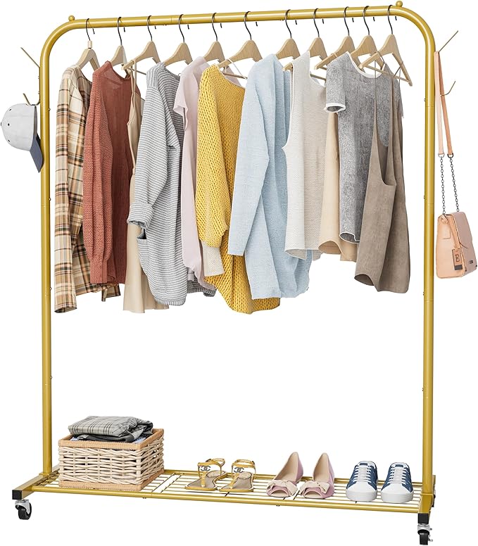 Clothes Rail, Portable Clothes Rack with Hook and Metal Storage Shelf, Heavy Duty Clothes Rail on Wheels, Clothing Rail Clothes Rails for Bedroom, Hanging Rails for Clothes, Holds up to 40 kg, Golden