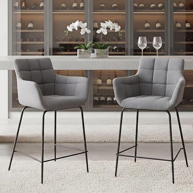 chairus Barstools Armchair Set of 2 Fabric Kitchen Breakfast Counter Stools Modern High Stools Dining Chairs with Footrest, Gray