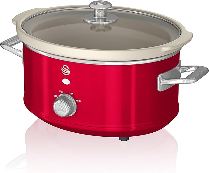 Swan Retro SF17021RNI Cooking Pan 3.5 L Removable Container Non-Stick Coating Ceramic PFOA PTFE 3 Temperature Levels Glass Lid Slow Cooker Vintage Design Red 200W