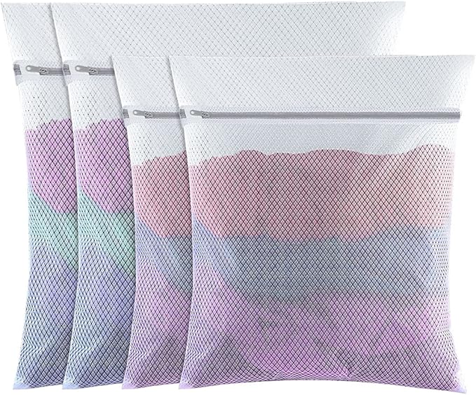 4 PCS Mesh Laundry Wash Bag, 60x50cm/50x40cm Large Fine Laundry Bags with Zips Reusable Washing Machine Wash Bag for Clothes, Socks, Underwear, Bra (L+M, White)