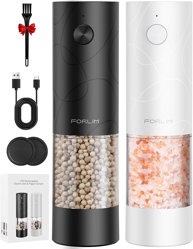 FORLIM Rechargeable Electric Salt and Pepper Grinder Set, Salt and Pepper Mill with Ceramic Grind, Dust Cover with One-Button Control, Adjustable Coarseness, LED Light, for Home & Kitchen, Black&White