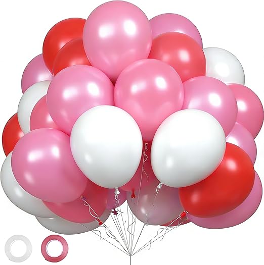 Valentines Day Latex Balloons with Ribbons, 45 Pack (12 Inch) in Red Pink and White, Perfect for Valentines Day, Mothers Day, Birthday and Various Party Decorations