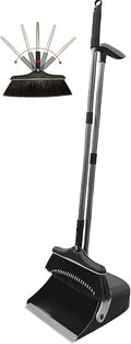 Long Handled Dustpan and Brush, Broom and Dustpan Set, Household Dust pan Combo with 54 Inch Handle for Indoor Outdoor Household Cleaning and Sweeping (Black)