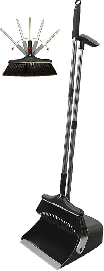 Long Handled Dustpan and Brush, Broom and Dustpan Set, Household Dust pan Combo with 54 Inch Handle for Indoor Outdoor Household Cleaning and Sweeping (Black)