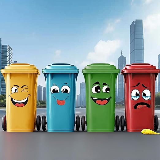 4Pcs Funny Trash Garbage Can Stickers-6.8in x 8.3in Cute Toilet Lid Decal Sticker,Adhesive Cartoon Expressions Sticker for Kitchen Fridge Bucket,Decorative Wall Stickers Indoor Outdoor