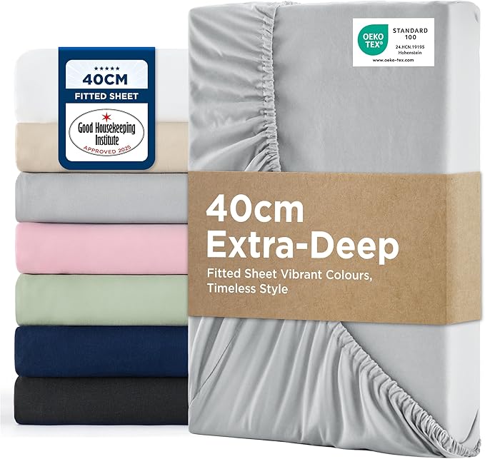 Bedsure Double Fitted Sheet Deep - Bed Sheets Extra Deep Pocket 16 inch (40 cm) made of Soft Brushed Microfiber for Double Bed, Grey, 135x190cm
