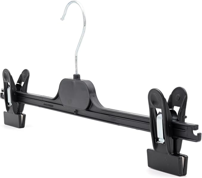 The Hanger Store 12 Strong Black Plastic Hangers With Adjustable Clips - Non-Slip, Rotatable Hook, Gentle on Clothes - Ideal for Organizing Trousers, Skirts, Jeans, Towels, and Sheets in Your Wardrobe