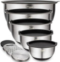 Wildone Mixing Bowls Set of 5, Stainless Steel Nesting Bowls with Airtight Lids, 3 Grater Attachments, Measurement Marks & Non-Slip Bottoms, Size 5, 3, 2, 1.5, 0.63 QT, Great for Mixing & Serving
