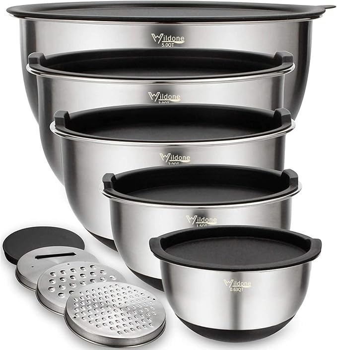 Wildone Mixing Bowls Set of 5, Stainless Steel Nesting Bowls with Airtight Lids, 3 Grater Attachments, Measurement Marks & Non-Slip Bottoms, Size 5, 3, 2, 1.5, 0.63 QT, Great for Mixing & Serving