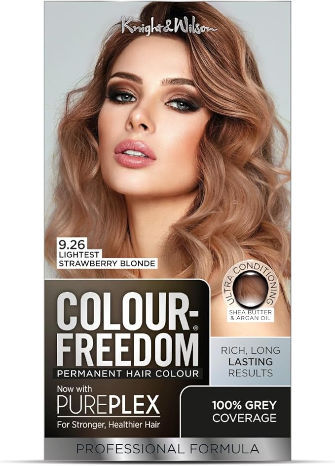Colour Freedom Lightest Strawberry Blonde Permanent Hair Colour. Formulated with PurePlex to Protect, Restore and Nourish. 100% Grey Coverage. 9.26 Lightest Strawberry Blonde. By Knight & Wilson