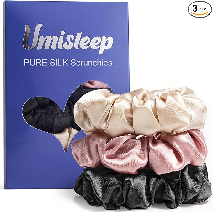Umisleep Silk Scrunchies 22 Momme 100% Mulberry Silk Hair Ties for Less Frizz & Breakage Hair Bobbles for Women&Girls - 3 Pack Softer&Durable Elastic Hair Bands(Pink,Black,Champagne)