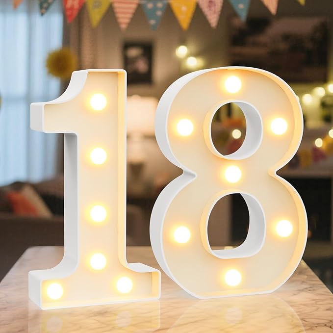 Ledido LED Light Up Marquee Numbers Sign - Cool & Warm Light up Numbers for 18th Birthday Decorations, LED Number Lights for Wedding Anniversary Grad Home Bedroom Table Wall Party Decor, Number 18