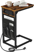 AMHANCIBLE C-Shaped Side Table, Bedside Table with Charging Station,2 USB & AC Outlets, End Table with Cloth Storage Bag, Sofa Table for Small Spaces, Coffee Table for Living Room, Brown HET04CBR-1