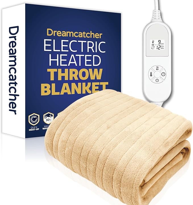 Dreamcatcher Cream Heated Throw Electric Blanket, 160 x 120cm Heated Blanket Machine Washable Soft Fleece Electric Throw Overblanket with 12HR Timer and 9x Control Heat Settings
