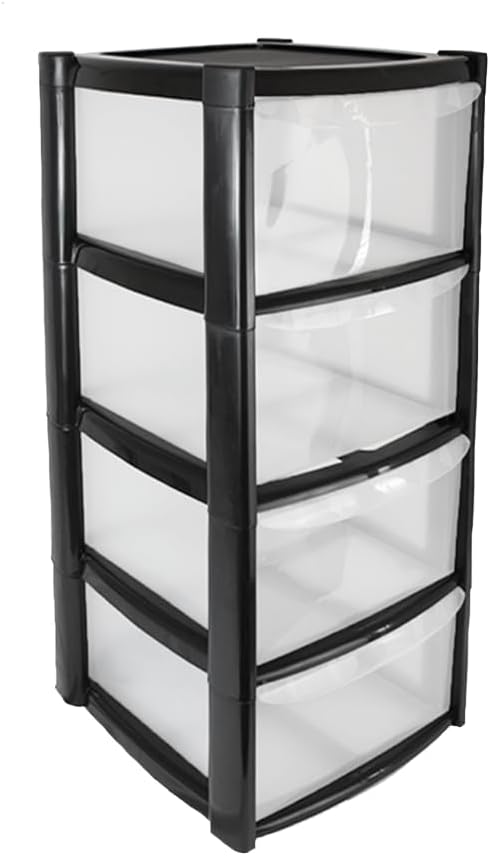 ORGANIZED® Large 4 Drawer Plastic Storage Tower Black - Multipurpose Storage For Home | Office | Garage | School | Children's Toys | Stationary