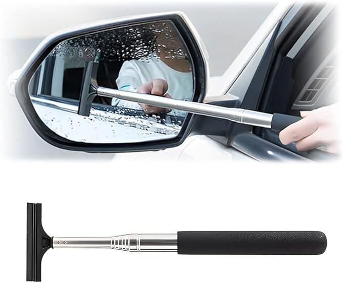 Car Rearview Mirror Wiper, Retractable Auto Glass Squeegee, Water Cleaner with Telescopic Long Rod, Portable Cleaning Tool for All Vehicles, Universal Automotive Accessories (Black)