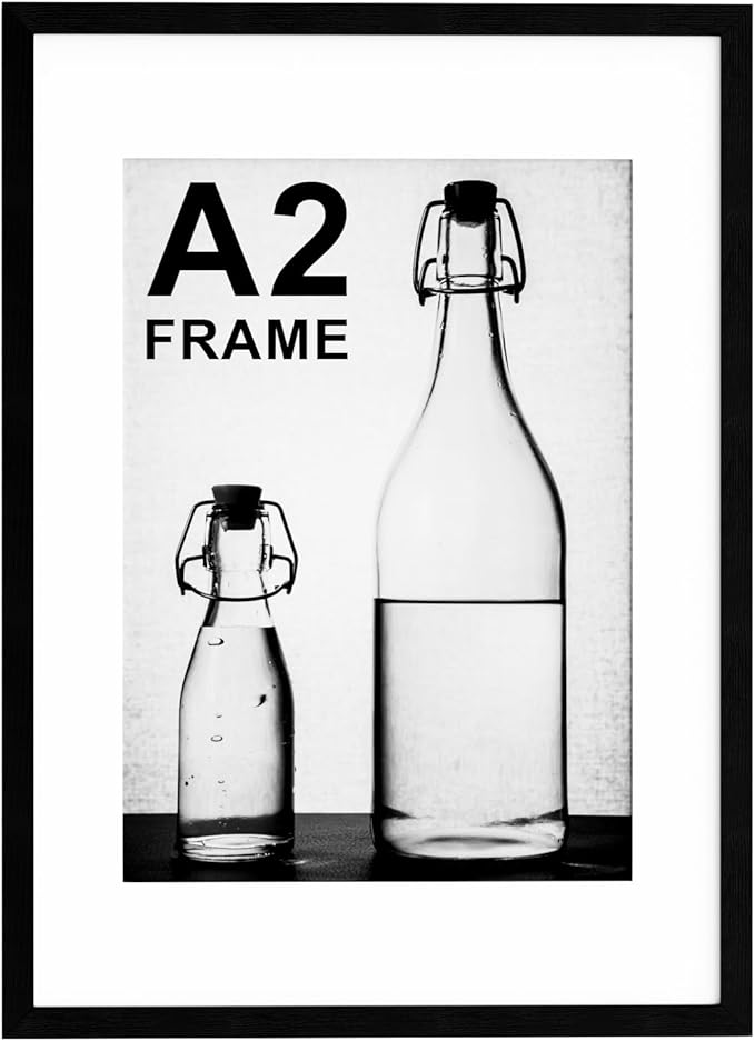 A2 Picture Frame, A2 Black Frame with A3 Mount, 42x59.4cm Poster Frame with Wooden Effect, Wall Mounted
