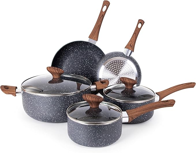 Non Stick Pots and Pans Set – Induction Hob Pot Set – 8pcs Kitchen Cookware with Lids – Cooking Marble Saucepan Pots and Frying Pans – by Nuovva