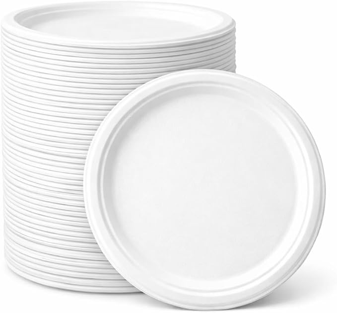 1ABOVE 50 Pack Extra Strong White Disposable Bagasse Plates, 100% Compostable and Biodegradable, Made from Sugarcane Fibre, Perfect for BBQ, Wedding, Office, Picnics and Parties (9 INCH)