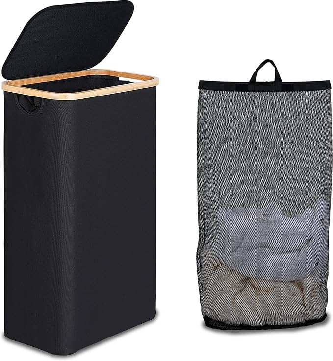 efluky Slim Laundry Basket with Lid, Tall Narrow Washing Basket for Laundry, Folding Small Slimline Laundry Baskets for Dirty Clothes, 63L Cloth Storage Basket Black