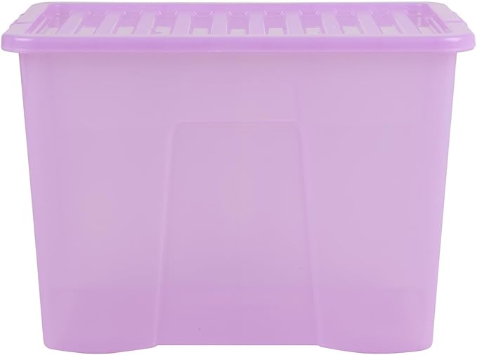 Wham Crystal 80 Liter Storage, Heavy Duty Plastic Storage Box With Lids Home Office Stackable Nestable, Large Storage Boxes With Lids 60 x 40 x 42 cm - Tint Lilac (Pack of 3)
