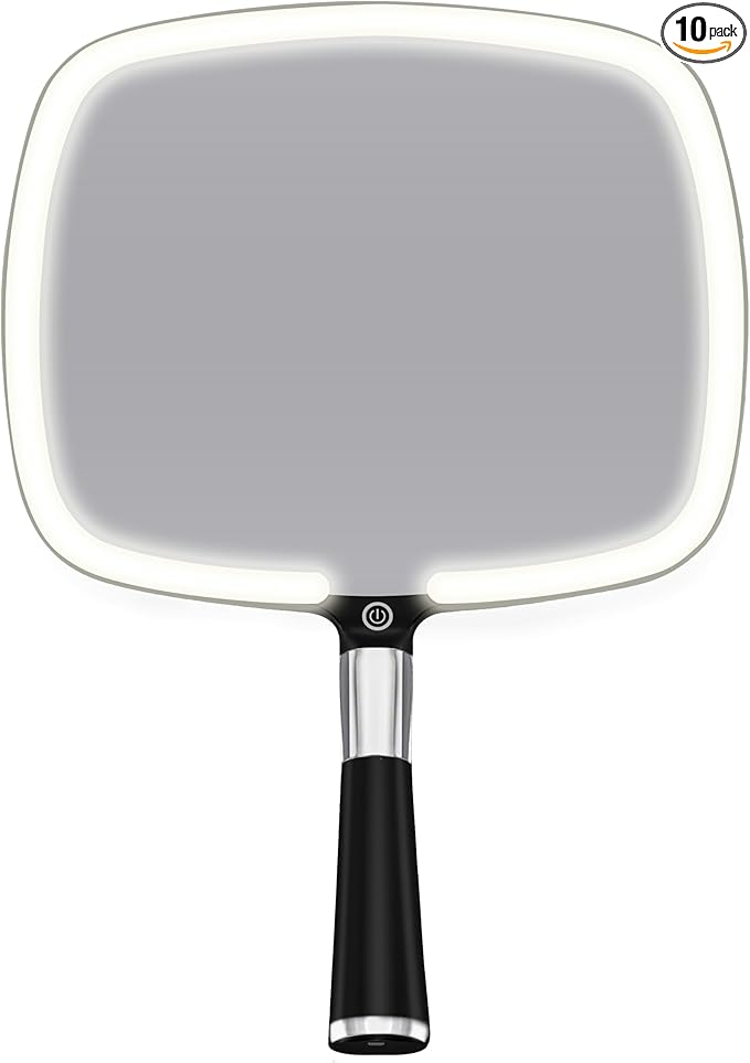MIRRORVANA Lighted Hand Mirror with Handle - Ergonomic Handle Design with 3 Lighting Modes and Detachable Stand, Perfect for Makeup Application - 23 CM x 33 CM (Black)