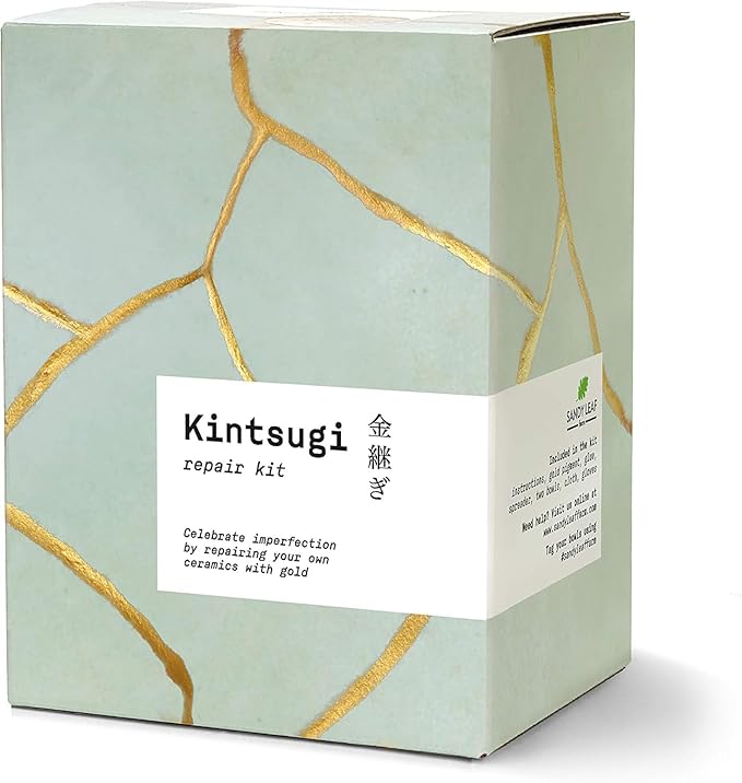 Sandy Leaf Farm Kintsugi Repair Kit – Repair Your Own Ceramics with Gold Powder – Includes Two Beautiful Practice Bowls – DIY Japanese Pottery Repair Kit