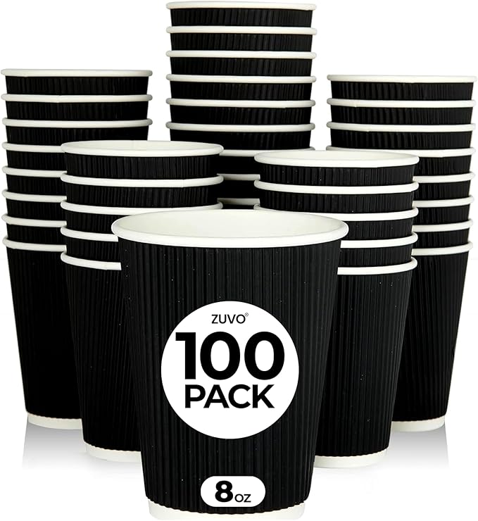 Zuvo Takeaway Coffee Cups 8 OZ - NO Lids - 100 Disposable Black Ripple Coffee Cups - Ideal for Takeaways