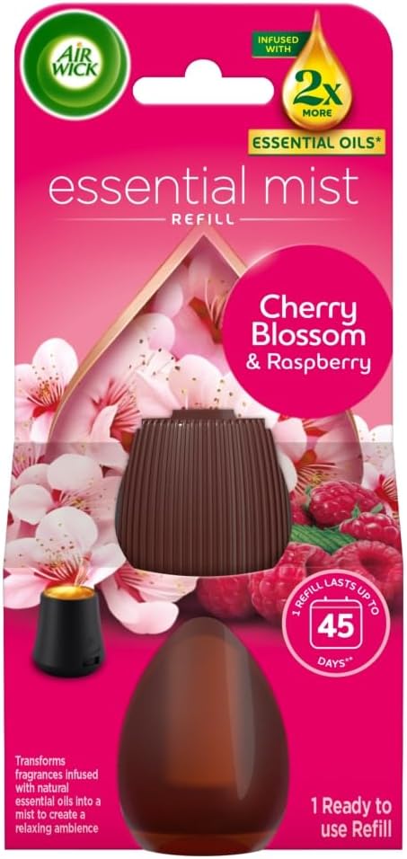 Air Wick Cherry Blossom & Raspberry Essential Mist Single Refill 1x20ml, Lasting for up to 45 days per refill, Air Freshener