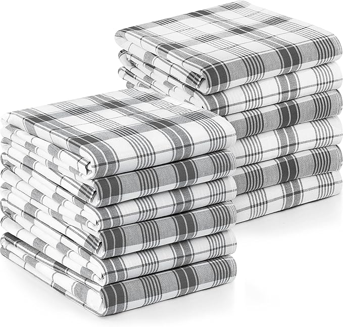 Utopia Towels 200 GSM Plaid Check Dish Towels, 38 x 64 cm, 100% Ring Spun Cotton Dish ClothSuper Absorbent Linen Kitchen Towel, Soft Reusable Cleaning Bar and Tea Towels Set (12 Pack, Grey, White)