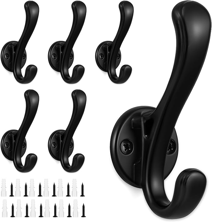 6 Pack Coat Hooks Wall Mounted, Heavy Duty Wall Hooks Metal Double Hook Bathroom Towel Hooks Door Hook for Hanging Coats Towel Robe Clothes