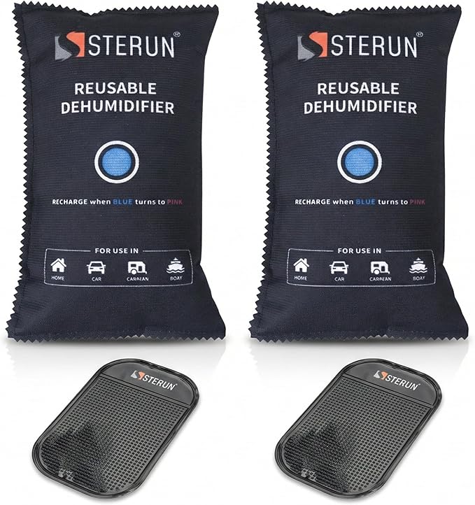 Reusable Car Dehumidifier Bag 1kg with Anti-Slip Dashboard Pad, Silica Gel Moisture Absorber, Colour Change Indicator, Ideal for Vehicles, Prevents Damp and Condensation (2 Pack)