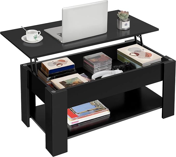 Yaheetech Coffee Table, Lift Top Coffee Table with Storage Compartment & Shelf for Living Room, Wooden Tea Tables with Lift Top, Black