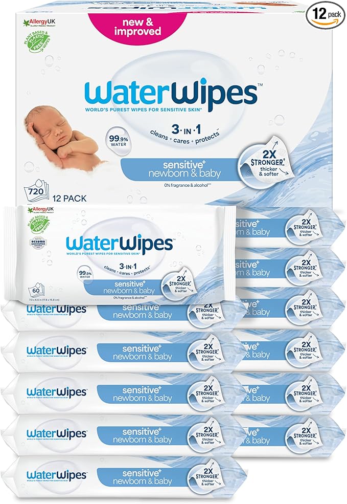 WaterWipes Sensitive+ Newborn & Baby Wipes, 720 Count (12 Packs), 3-In-1 Cleans, Cares, Protects, 99.9% Water, Unscented