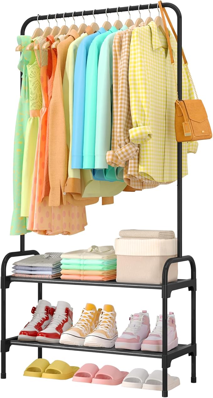 Clothes Rail - Large Capacity Freestanding Clothes Rack with 2-Tier Shoe Organizer & Non-Slip Feet, Heavy-Duty Clothing Rail for Bedroom, Entrance, Laundry, 74 x 30 x 150cm, Black