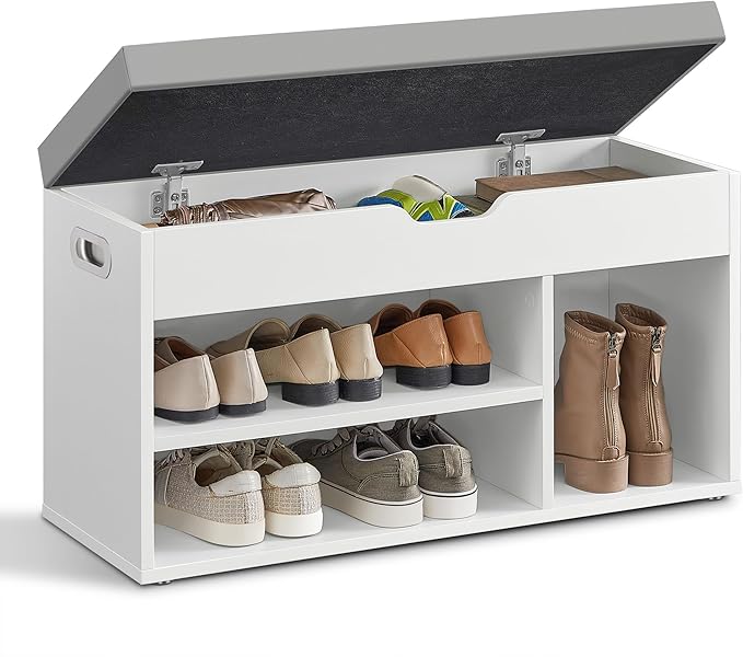 VASAGLE Shoe Bench with Cushion, Storage Bench with Padded Seat, 3 Compartments, Hidden Storage, Shelves, Living Room Lounge Hallway Bedroom, Load Capacity 150 kg, Cloud White LHS030W02