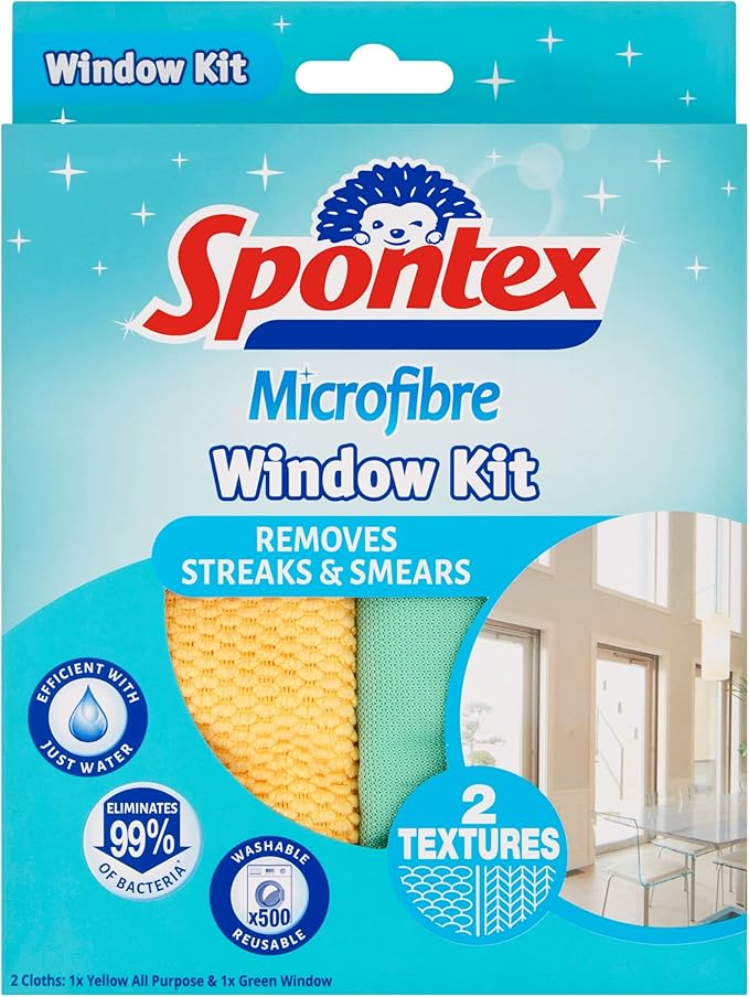 Spontex Microfibre Window Kit | 2 Wipes | Efficient with Just Water | Removes Streaks & Smears