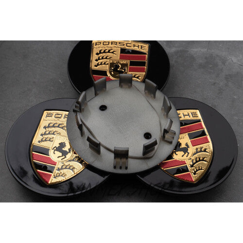 Set of 4 Black and Gold Porsche alloy wheel caps 75mm