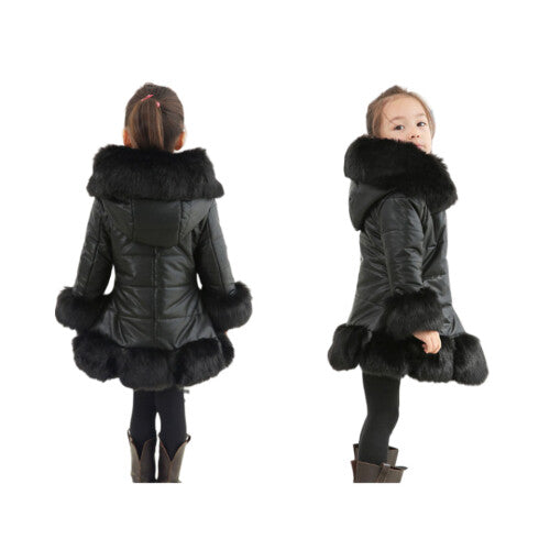 (Black, 7-8 Years) Girls Kids Winter Coat Jacket PU Puffer Fur Hooded